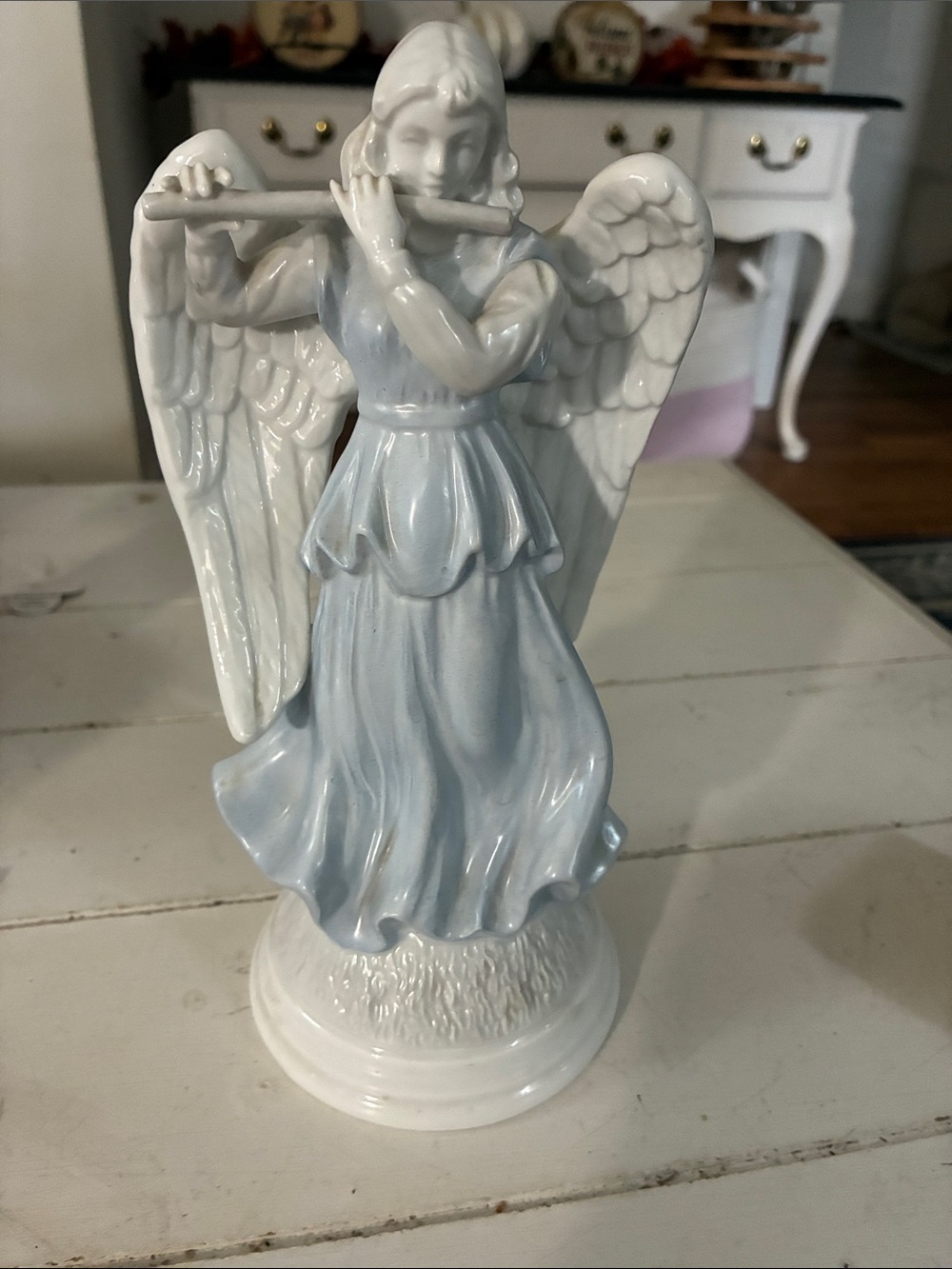 Schmid Porcelain Musical Figurine of Angel Playing Flute Nine Inches Tall